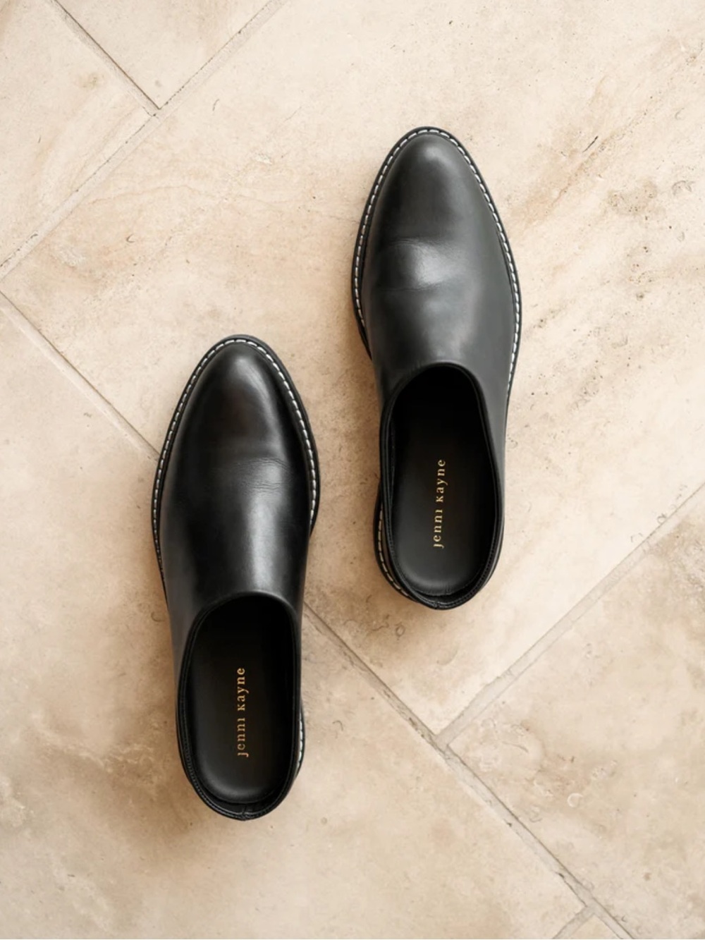 Jenni Kayne Black Leather Slip-On Loafers with Contrast Stitching